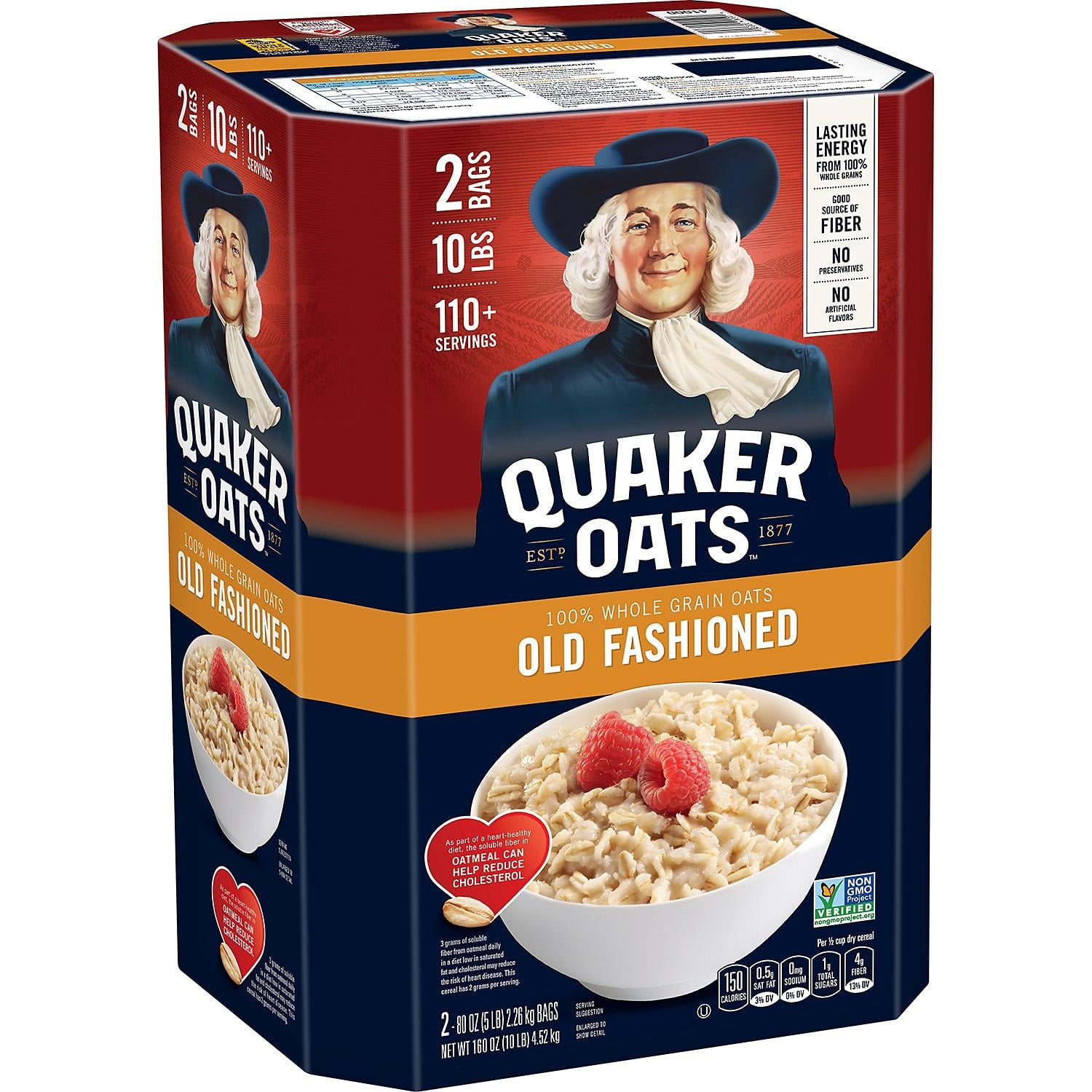 Quaker Oats packaging with branding and product details on a white background